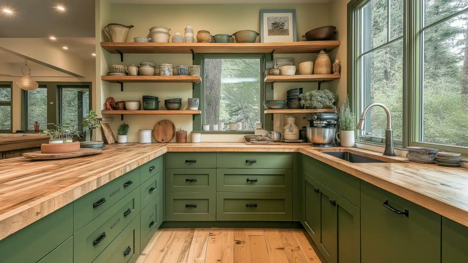 Green Kitchen Designs with Wooden Accents: A Natural Blend