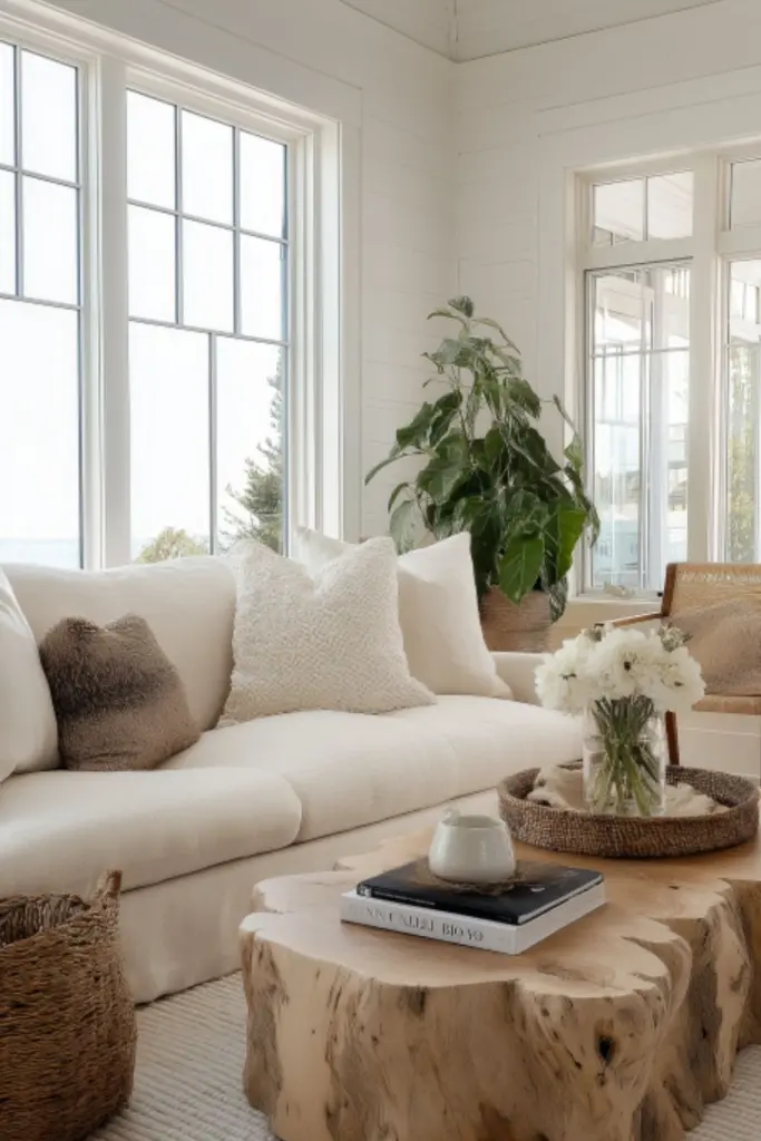 Serene Lake House Decor with Neutral Palette and Plants for a Calming Waterfront Retreat