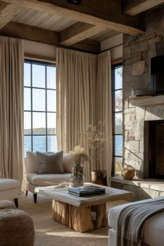 Serene Lake House Decor with Neutral Palette and Plants for a Calming Waterfront Retreat