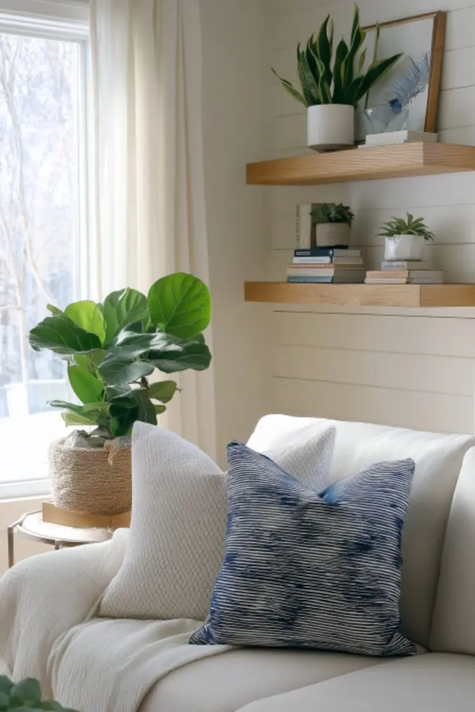 Serene Lake House Decor with Neutral Palette and Plants for a Calming Waterfront Retreat