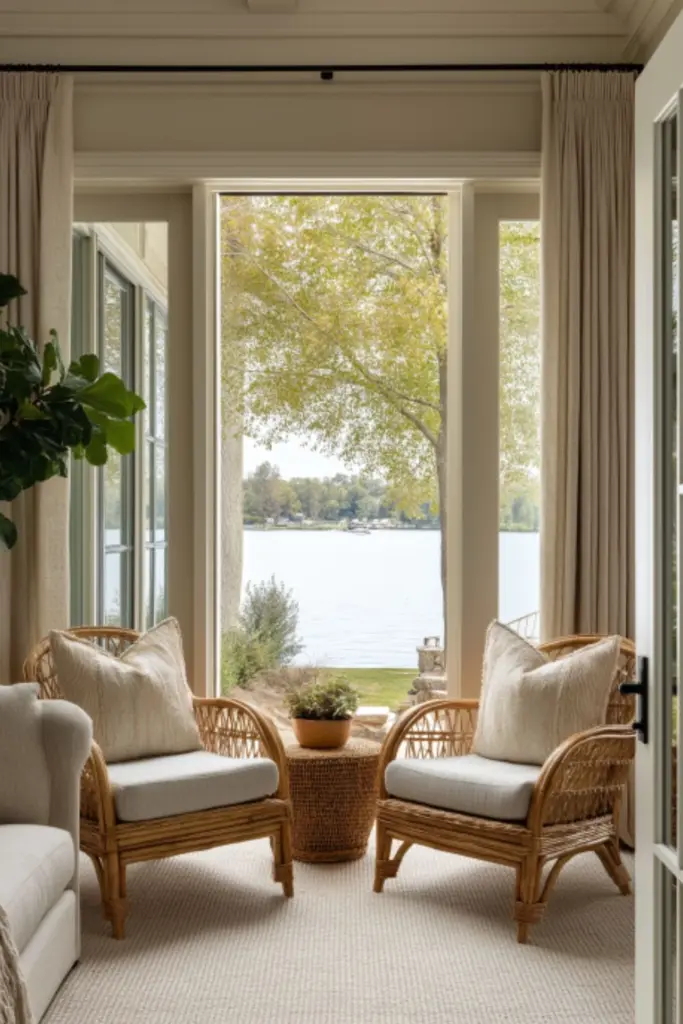 Serene Lake House Decor with Neutral Palette and Plants for a Calming Waterfront Retreat