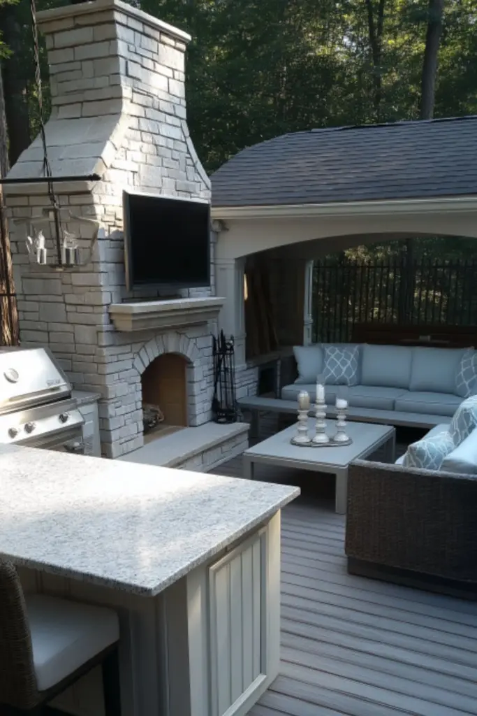 Create an Outdoor Kitchen Patio with a Cozy Fireplace Nook for Memorable Al Fresco Gatherings