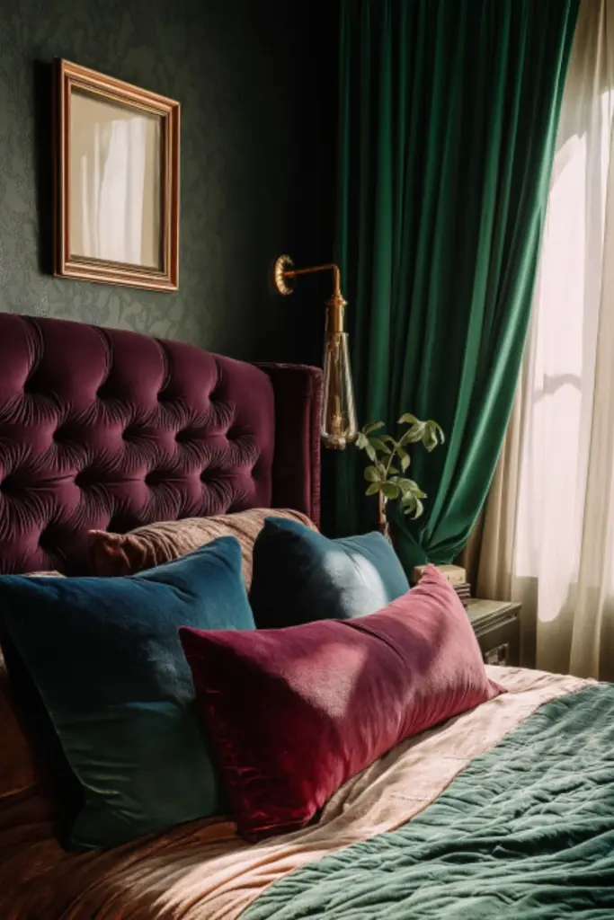 Elegant Dark Vintage Bedroom Ideas with Velvet and Brass Accents
