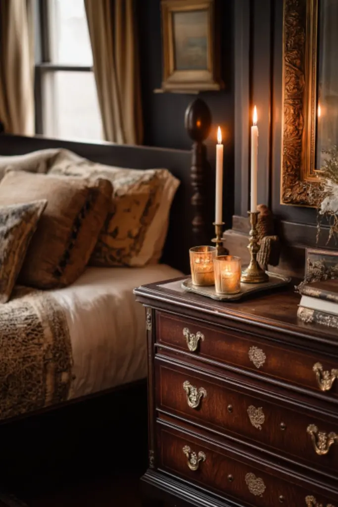 Elegant Dark Vintage Bedroom Ideas with Velvet and Brass Accents