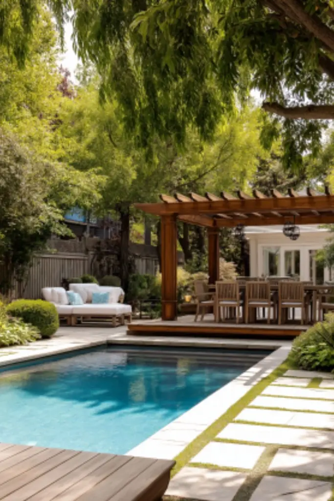 Stone and Wood Decks Around Pools for a Rustic, Timeless Backyard Escape