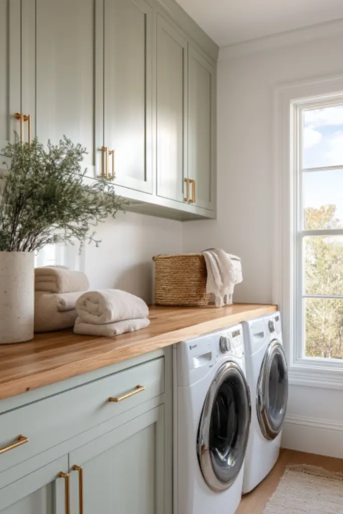 Laundry Room Decor with Green Cabinets and Earthy Vibes: A Nature-Inspired Refresh