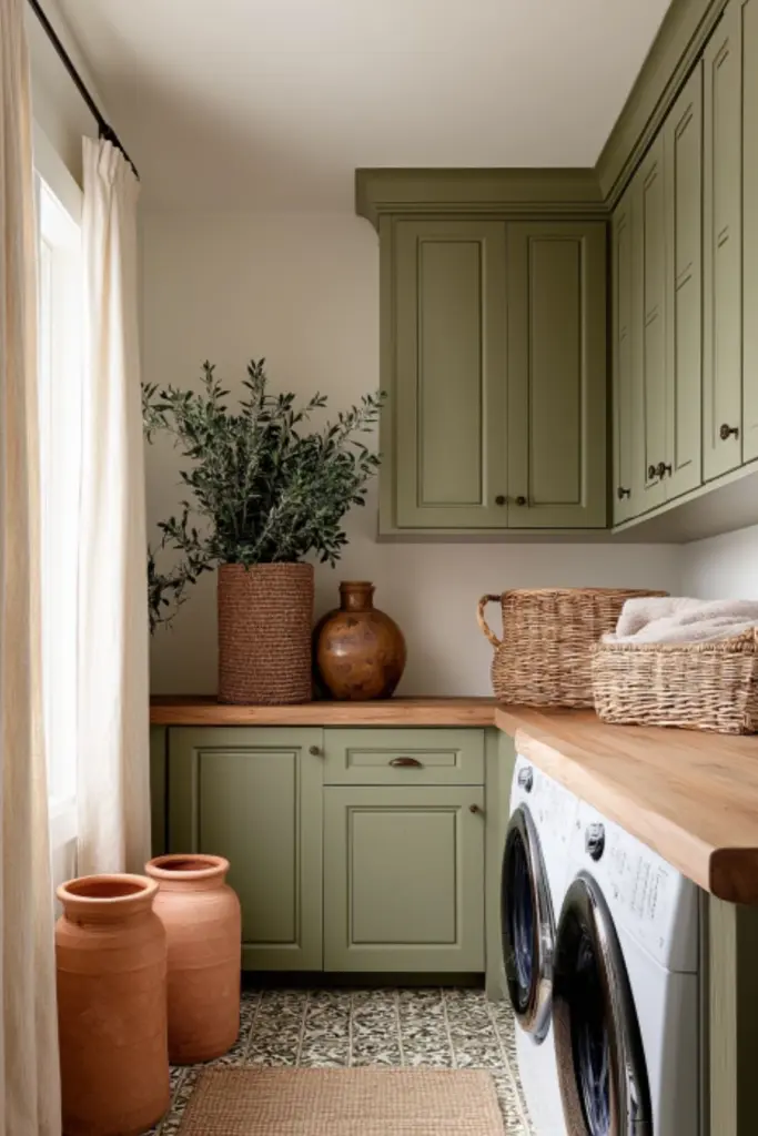 Laundry Room Decor with Green Cabinets and Earthy Vibes: A Nature-Inspired Refresh