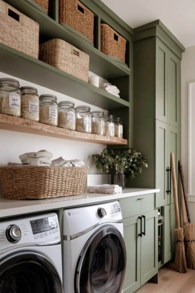 Laundry Room Decor with Green Cabinets and Earthy Vibes: A Nature-Inspired Refresh