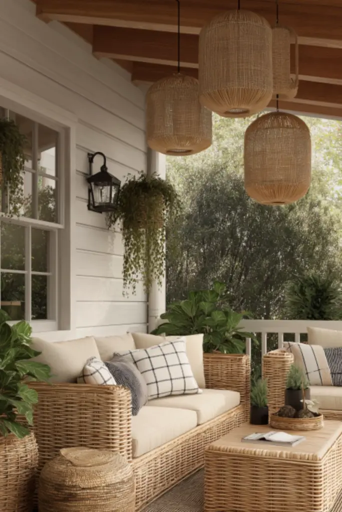 Boho Porch Design with Woven Textures and Greenery for a Relaxed Outdoor Escape