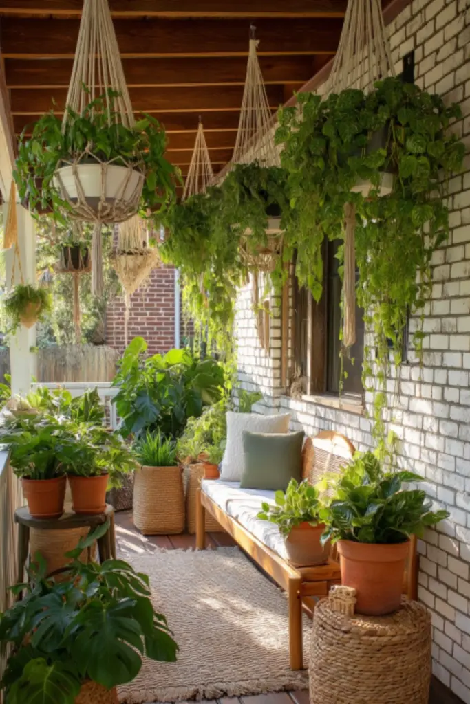Boho Porch Design with Woven Textures and Greenery for a Relaxed Outdoor Escape