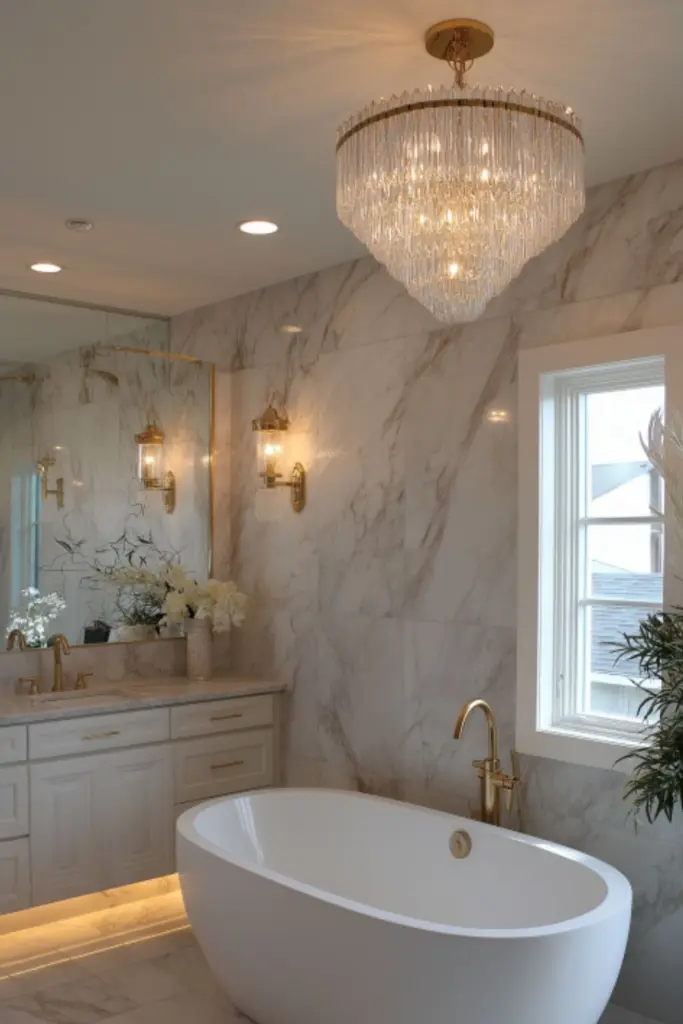 Luxury Master Bath Remodel Featuring Marble and Statement Lighting for an Elevated Spa-Like Retreat