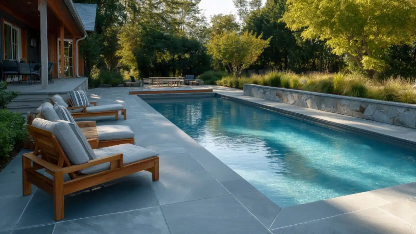 Stone and Wood Decks Around Pools for a Rustic, Timeless Backyard Escape
