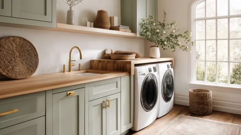 Laundry Room Decor with Green Cabinets and Earthy Vibes: A Nature-Inspired Refresh