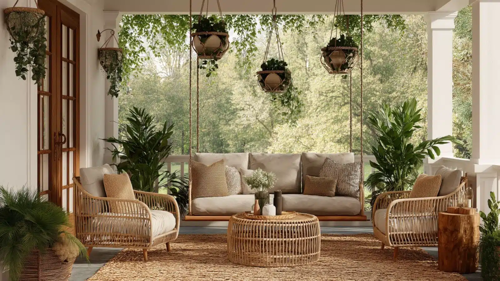Boho Porch Design with Woven Textures and Greenery for a Relaxed Outdoor Escape