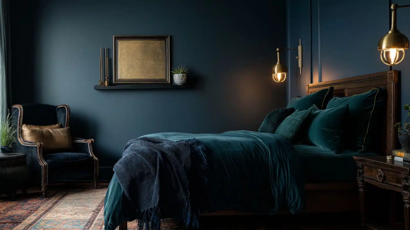Elegant Dark Vintage Bedroom Ideas with Velvet and Brass Accents