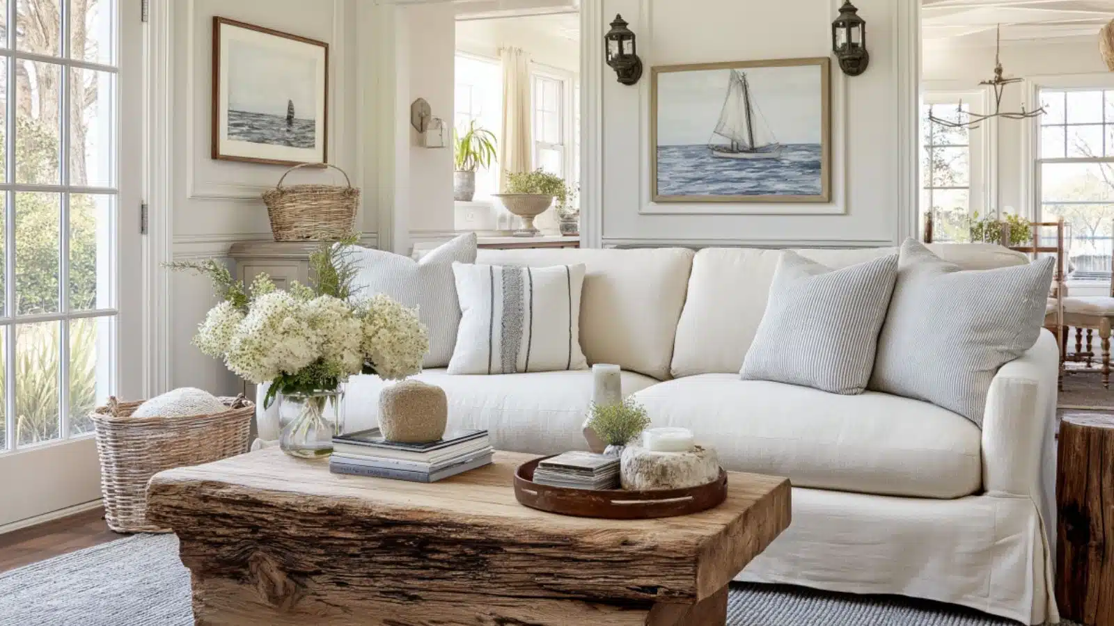 Serene Lake House Decor with Neutral Palette and Plants for a Calming Waterfront Retreat