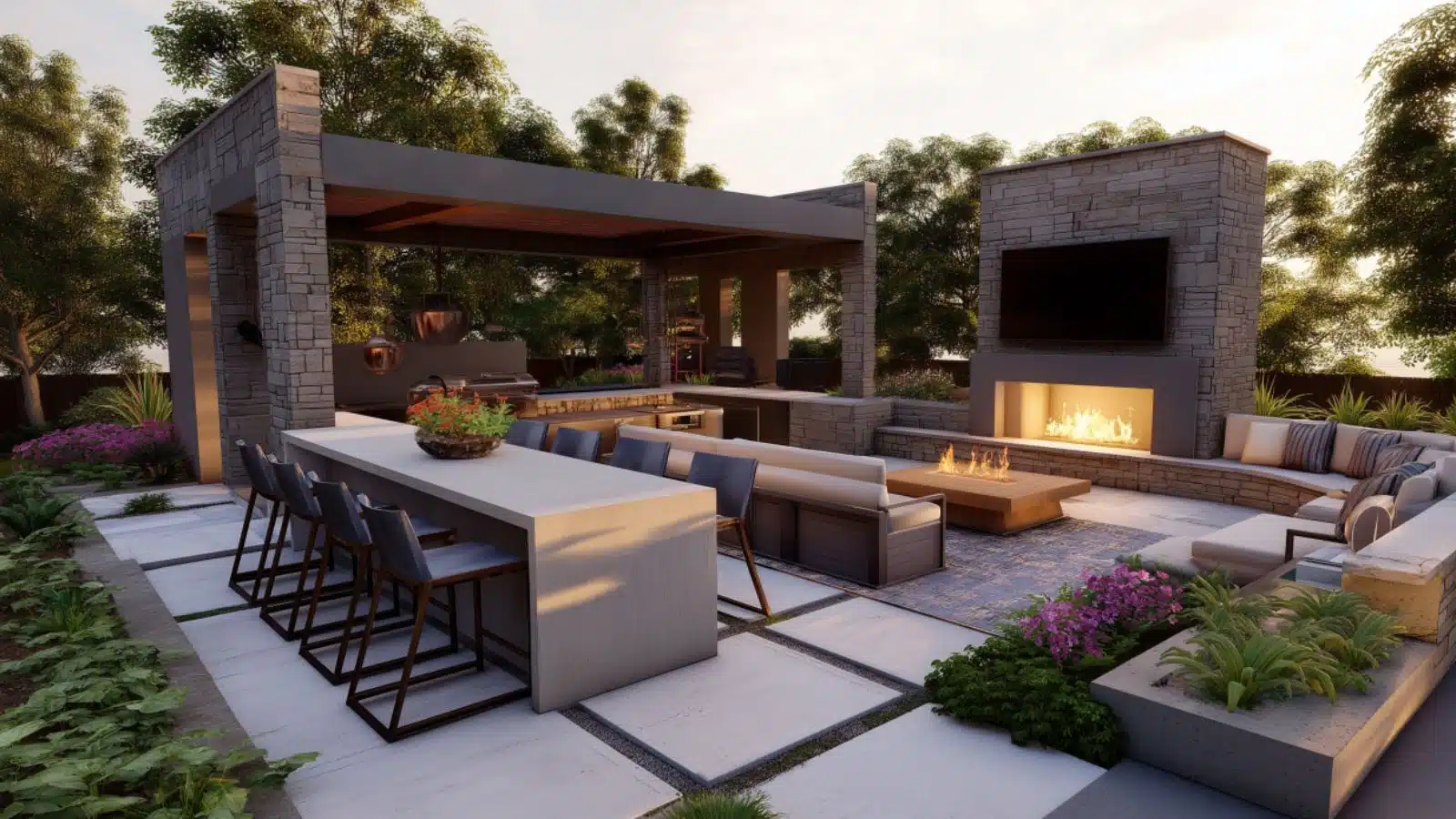 Create an Outdoor Kitchen Patio with a Cozy Fireplace Nook for Memorable Al Fresco Gatherings