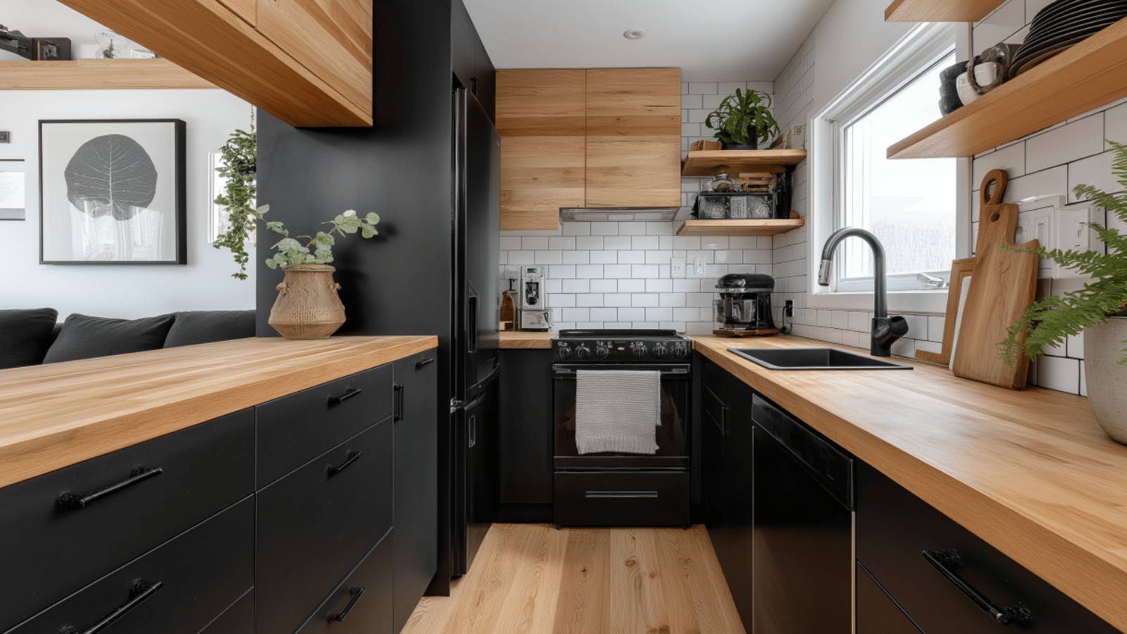 Creating a Sleek Black and Natural Wood Kitchen for Small Spaces That Feels Spacious and Stylish