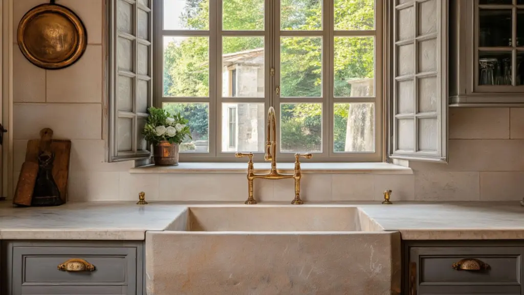 Modern French Chateau Kitchen with Antique Touches for Timeless Elegance