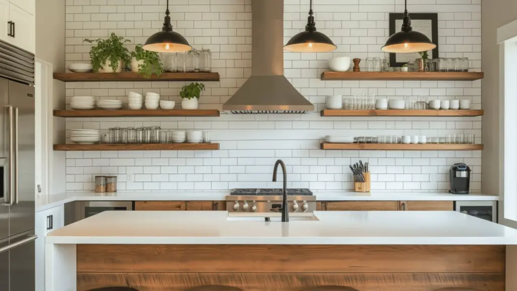 Rustic Modern Kitchen Decor: Warm Woods & White Tile Aesthetic for a Cozy, Contemporary Look
