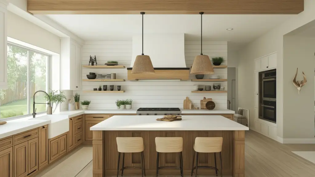 Rustic Modern Kitchen Decor: Warm Woods & White Tile Aesthetic for a Cozy, Contemporary Look