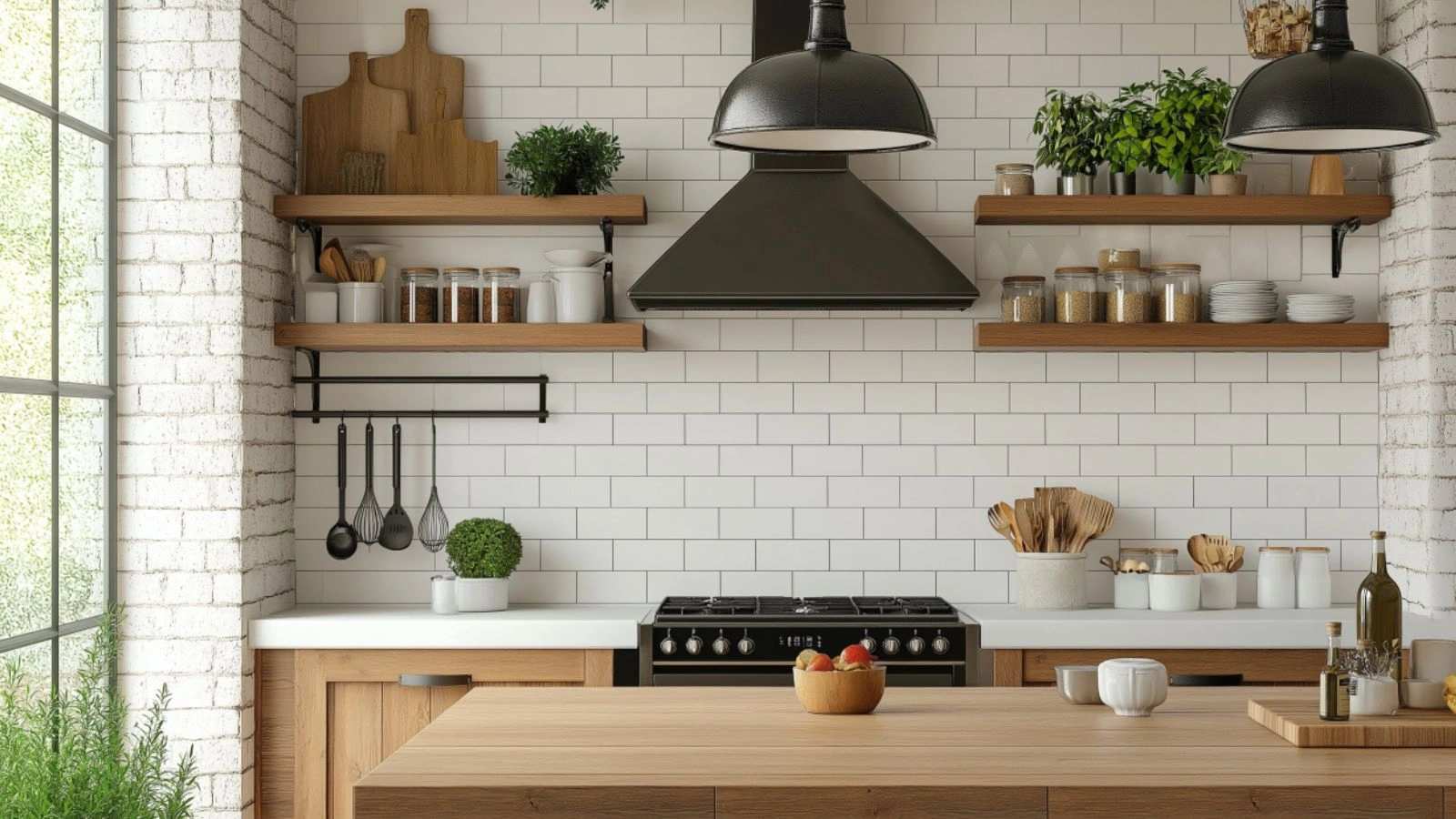Rustic Modern Kitchen Decor: Warm Woods & White Tile Aesthetic for a Cozy, Contemporary Look