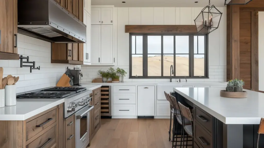 Rustic Modern Kitchen Decor: Warm Woods & White Tile Aesthetic for a Cozy, Contemporary Look
