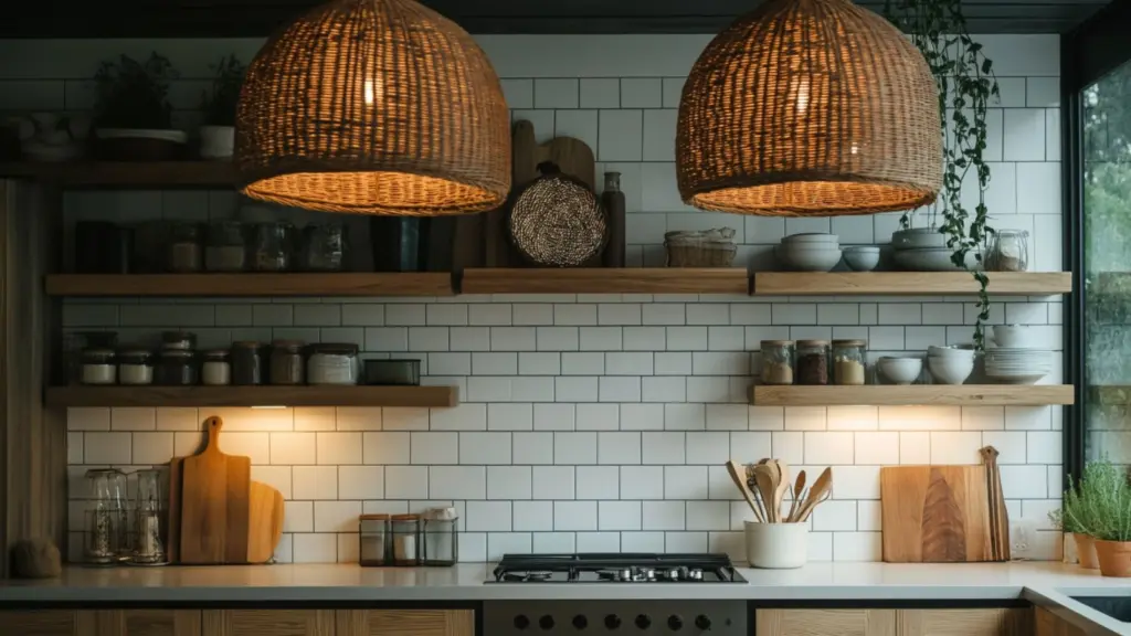 Rustic Modern Kitchen Decor: Warm Woods & White Tile Aesthetic for a Cozy, Contemporary Look