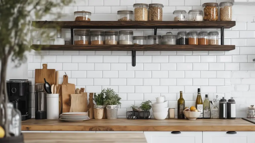 Rustic Modern Kitchen Decor: Warm Woods & White Tile Aesthetic for a Cozy, Contemporary Look
