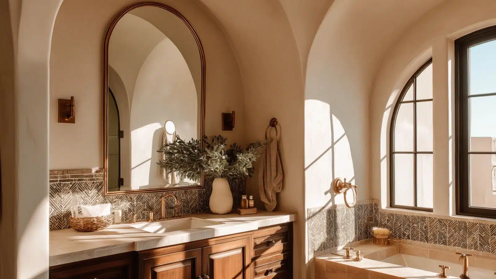 Mediterranean Bathroom Ideas with Zellige Tile and Arched Mirrors for a Timeless Spa-Like Retreat