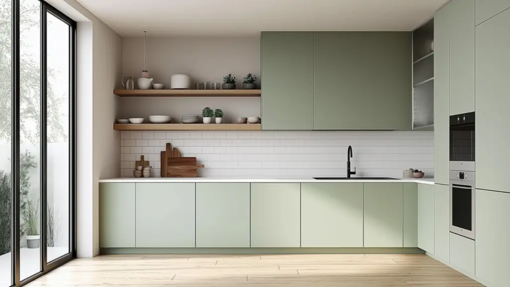 Minimalist Sage Green Kitchen Ideas with Open Shelving: Elegant Design for a Fresh, Airy Space