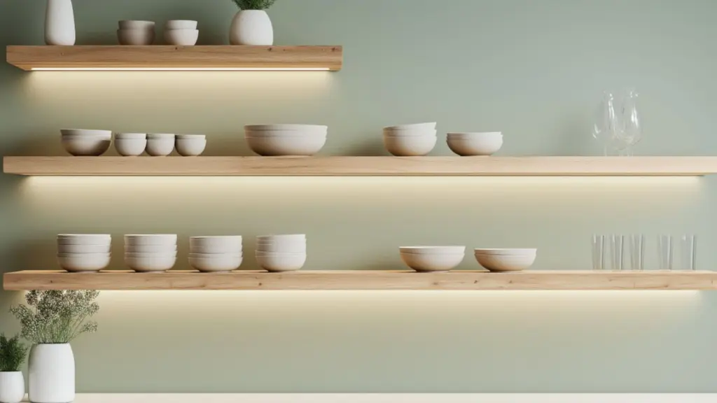 Minimalist Sage Green Kitchen Ideas with Open Shelving: Elegant Design for a Fresh, Airy Space