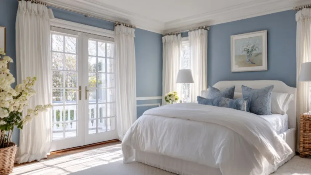Elegant French Blue Bedroom with White Trim: A Timeless Home Decor Dream