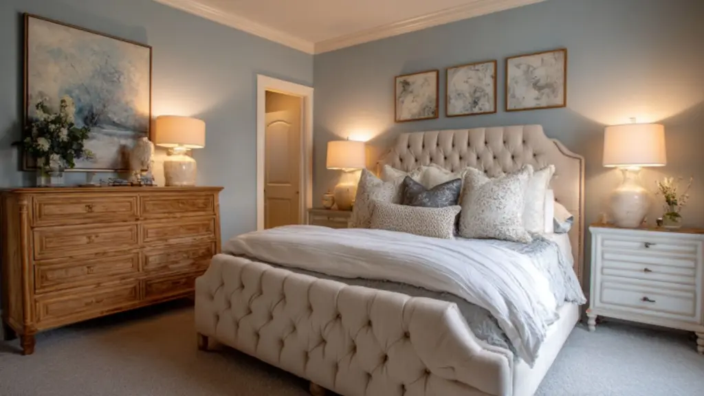 Elegant French Blue Bedroom with White Trim: A Timeless Home Decor Dream